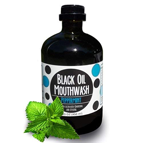 Black OIl Mouthwash, Sweet Peppermint, Coconut + Sesame + Avocado Oil Super Blend, 15 oz Glass Bottle, Activated Charcoal & Xylitol for Oil Pulling. Whitening, dry mouth & remineralization