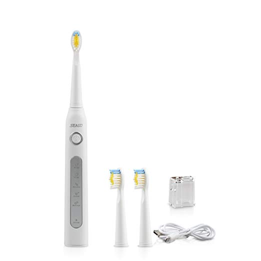 SEAGO Electric Toothbrush USB,Waterproof Rechargeable Sonic Toothbrush,3 Replacement Brush Heads 5 Brushing Modes(SG507B)(White)