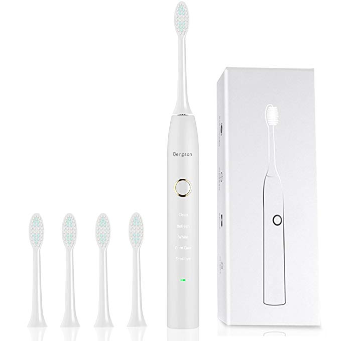 Sonic Electric Toothbrush Pro-Health Precision Clean as Dentist Rechargeable Waterproof with 5 Brushing Modes 4 Replacement Heads for Superior Plaque Removal and Healthy White Gums Bergson (White)