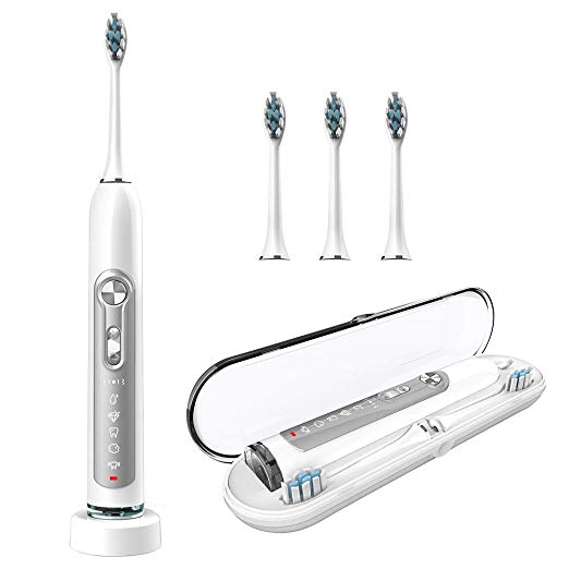 NPET Electric Toothbrush, Rechargeable IPX7 Waterproof Sonic Toothbrush 5 Brushing Modes 3 Intensity Settings 3,8000 Vibrations 2 Minutes Timer 3 Brush Heads & Travel Case - White