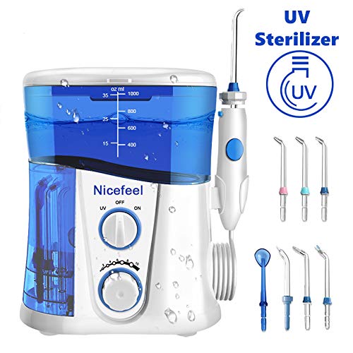 Nicefeel Upgrade UV Sterilize Water Flosser, Quiet Design 1000ml High-Volume 10 Adjustable Presure Countertop Denten Oral Irrigator with 7 Multifunctional Tips for Family FDA Approved