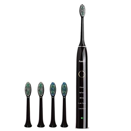 Sonic Electric Toothbrush Travel Rechargeable for Superior Dental Hygiene Daily Clean, Gum Care, Sensitive, Whitening, and Deep Clean Oral Health Micropulse Bristles with 4 Replacement Heads - Black