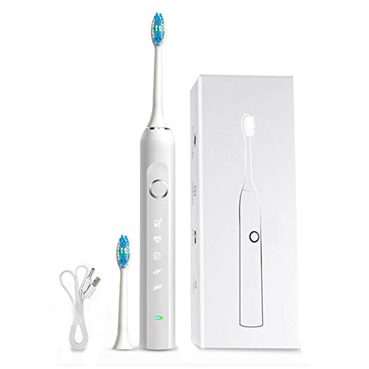 TDH Intelligent Waterproof Sonic Electric Rechargeable Toothbrush, Five Clean Modes, 37000-Times/Minute High Frequency Vibrations, Charge 6 Hours Can Last Up to Use 100 Days (White)