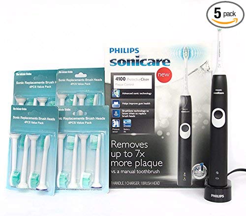 Philips Sonicare Rechargeable Electric Toothbrush ProtectiveClean 4100 Plaque Control With Pressure Sensor, Black White HX6810/50 and Sonic Replacement Brush Heads 4-pack -Set of 5