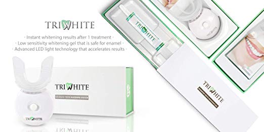 Triwhite Vegan Teeth Whitening, LED Light, 22% CP, No Sensitivity, Clinically Proven, Natural, Made With Kosher Ingredients. LED Light Accelerator, (1)10ml Whitening Gel, Soft Mouth Tray, Shade Guide