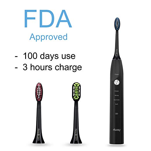 Rlway Sonic Electric Toothbrush as Dentist USB Rechargeable,3 Replacement Heads and Super Waterproof Function