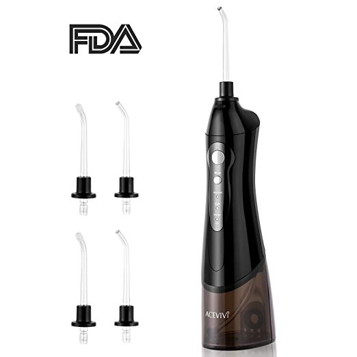 ACEVIVI Water flosser Oral Irrigator for Teeth with 4 Jet tips Cordless Rechargeable Portable Power Dental Flosser 180ml, Black