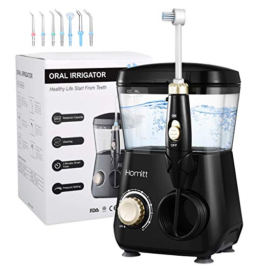 Homitt Water Flosser Teeth Cleaner, Dental Pik Oral Irrigator 10 Pressure Setting with 1 Toothbrush and 7 Classic Tips for Braces, Implant, Bridges, Crowns | 600ML Large Reservoir for Whole Family