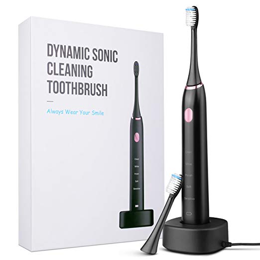 Handle New Waterproof Rechargeable Sonic Electric Toothbrush with Automatic Timer, 5 Optional Modes and 2 Replacement Heads for Oral Care, Black