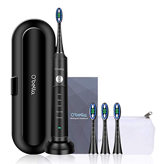 O'bella Sonic Electric Toothbrush 48000/rpm Power Rechargeable Toothbrush 2 Minutes Smart Timer 4 Replacement Heads 5 Brushing Modes IPX7 Waterproof