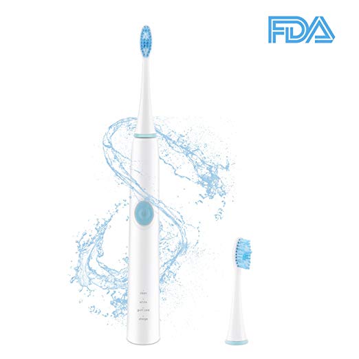 Electric Toothbrush Clean as Dentist Rechargeable Sonic Toothbrush with Smart Timer 4 Hours Charge Minimum 60 Days Use 3 Optional Modes IPX7 Waterproof 2 Replacement Heads by moopok (white)