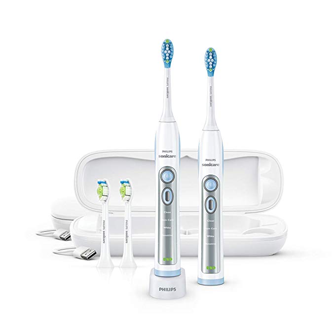 Philips Sonicare FlexCare Whitening Edition Rechargeable Toothbrush Premium 2-Pack Bundle HX6964/77 (2 FlexCare Handles, 2 DiamondClean & 2 Plaque Control Brush Heads, 2 USB Charging Travel Cases)