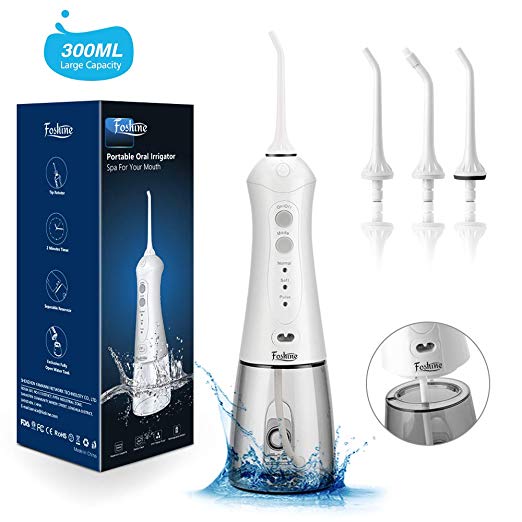 Cordless Water Flosser Foshine USB Rechargeable Oral Irrigator IPX7 Waterproof 3 Modes Water Dental Flosser with 300ml Water Reservoir and 3 Jet Tips for Brace and Teeth Whitening