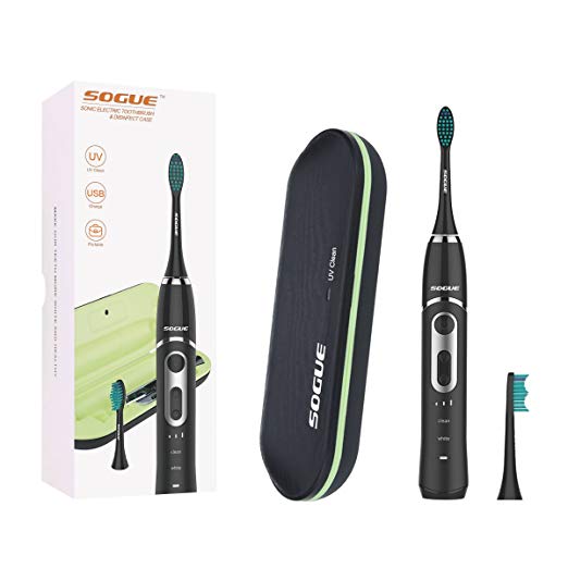 SOGUE Sonic Electric Toothbrush,Clean and White Modes, Smart Timing Toothburshes with UV Charging Travel Case,38000/Min Powerful sonic strokes Deep Clean Mode,IPX7 Waterproof for Shower（Black）