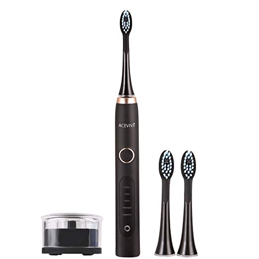 ACEVIVI Electric Toothbrush Sonic Deep Cleaning Rechargeable, 2 Minute Timer, 5 Cleaning Modes, 3 Brush Heads (Black)