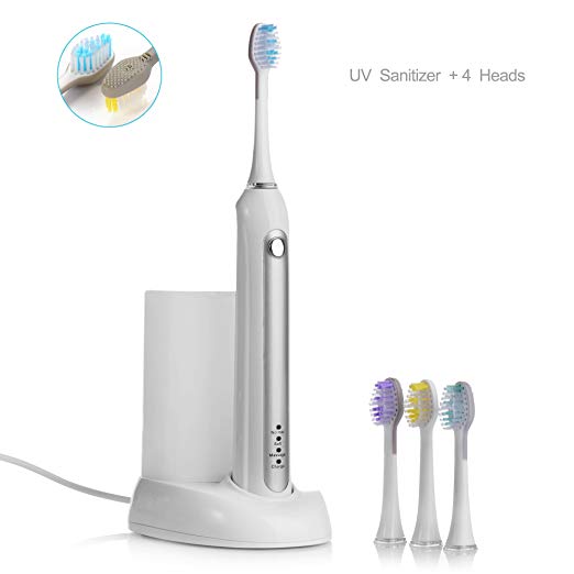 Electric SonicToothbrush - BESTEK Rechargeable Electronic Toothbrush 4 Replacement Heads 3 Brush Modes UV Sanitizer and Built in Timer Included Waterproof for Adult&Family RLT234 White