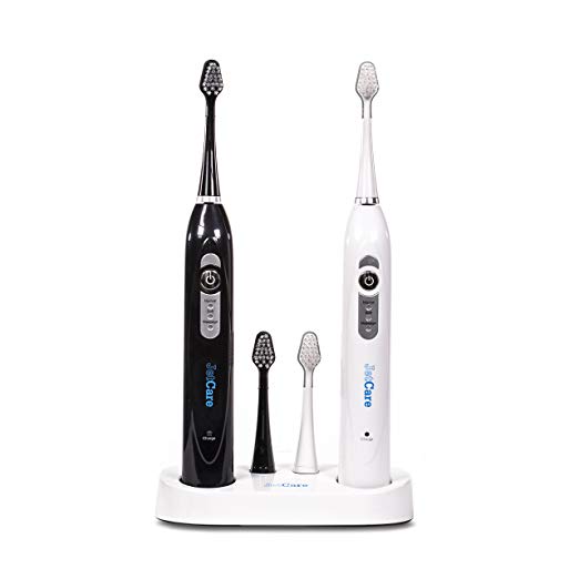 JetCare Power Series Rechargable Sonic Toothbrush w/ Charging Station, 3 Brush Modes, Includes 3 FREE Electric Toothbrush Replacement Heads (Black & White Twin Pack)