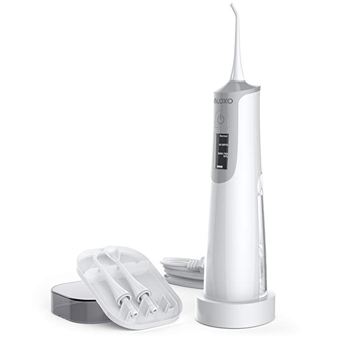 VLOXO Water Flosser for Teeth, Cordless Portable Dental Oral Irrigator Rechargeable with 2 Jet Nozzles, a Tongue Scraper Cleaner and a Power Base, for Travel and Home Use