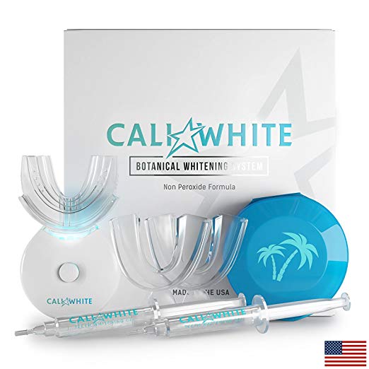 Cali White Vegan Teeth WHITENING KIT, Zero Peroxide, Organic Botanical Gel, HISMILE, Sensitive Smiles, Made in USA, All Natural System: 2X Syringes, LED Light, Comfort Fit Tray, Case, 2X Custom Trays