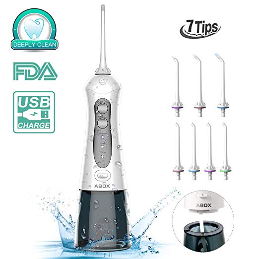 Cordless Water Flosser, ABOX Portable Oral Irrigator with 7 Jet Tips, Rechargeable Dental Flosser with 3 Modes, Anti Leakage Design, 2 Minute Timer, Ideal for Adults & Kids Use at Home and Travel