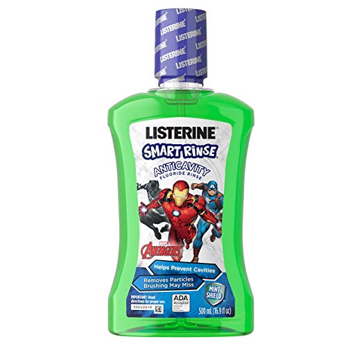 Listerine Smart Rinse Kids Alcohol-Free Anticavity Fluoride Mouthwash Featuring Marvel Avengers Packaging, Mint Flavor for Kids Oral Care, 500 mL (Pack Of 6)