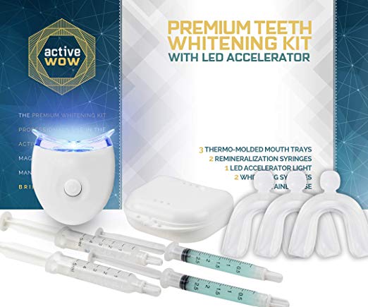 Active Wow Teeth Whitening - Premium Kit - LED Light, 36% Carbamide Peroxide, (2) 5ml Gel Syringes, (2) Reminerilization Gel, Tray and Case