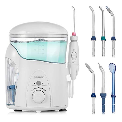 Dental Water Flosser - Professional Oral Irrigator BESTEK Power Water Jet 7 Multiple Nozzles 5 Pressure Settings&2 Flossing Modes Included 600ML White FC288