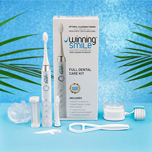 Winning Smile Electric Toothbrush Dental Kit for Adults - Best Sonic Power Cleaning Technology - Rechargeable Electronic Toothbrushes with 2 Heads, Floss Picks, Tongue Scraper, and Mouthguard