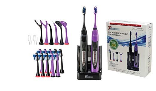 PURSONIC S522 Dual Handle Ultra High Powered Sonic Electric Toothbrush with Dock Charger, 12 Brush Heads & More! (Black and Purple)