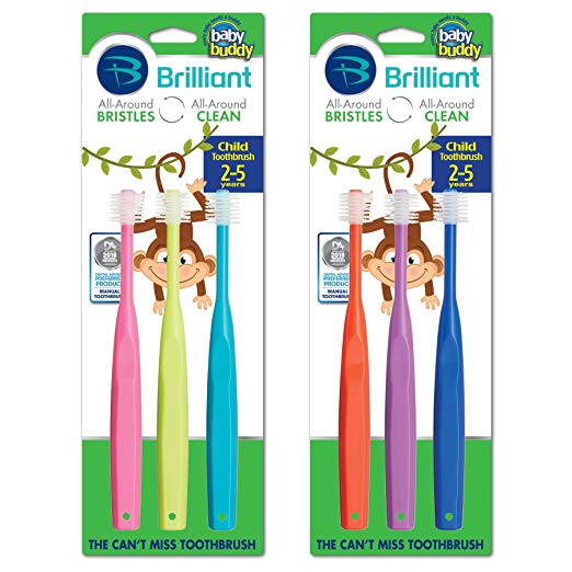 Brilliant Child Toothbrush by Baby Buddy - For Ages 2+ Years, BPA Free Super-Fine Micro Bristles Clean All-Around Mouth, Kids Love Them, 6 Count Multi-Color