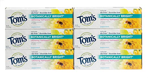 Tom's of Maine Natural Fluoride Free Botanically Bright Toothpaste, Peppermint, 4.7 Ounce, Pack of 6