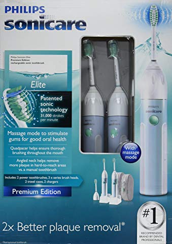 Philips Sonicare Elite HX5910 Power Toothbrush with Quadpacer ***Twin Pack*** (2 Handles, 3 Standard brush heads, 2 Charger bases, & 2 Travel cases) PREMIUM EDITION