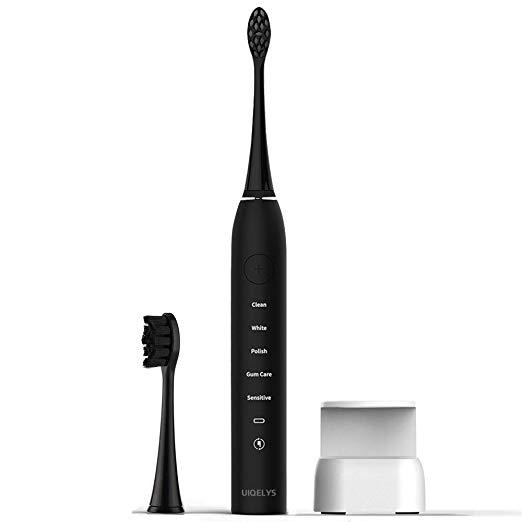 Electric Toothbrush, UIQELYS Sonic Wireless Rechargeable Toothbrush with Automatic Timer,4 Optional Modes,IPX7 Waterproof,2 Replacement Brush Heads for Adults (Black)