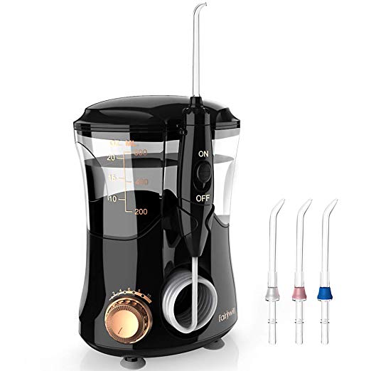 Water Flosser 10 Pressure Electric Dental Flosser Quiet Design 600ml Countertop Oral Irrigator with 3 Minutes Timer, Professional for Home or Travel with 4 Jet Tip for Adult or Kids Black By Fairywill