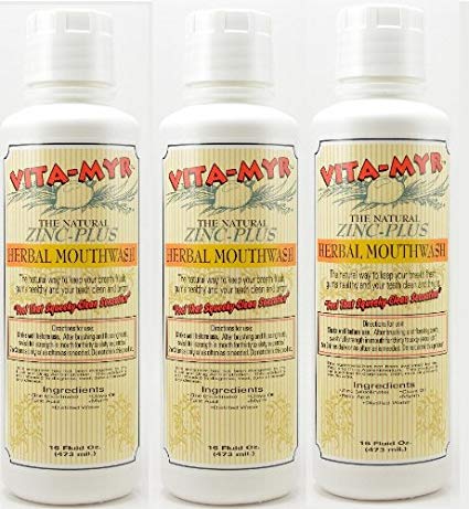 3 Pack VITA-MYR 16 Oz Safe & Effective Herbal Zinc-Plus All Natural Mouthwash - Gluten Free & Vegan, Vitamyr Mouthwash has No SLS, No Sugar, No Fluoride, No Alcohol, No Saccharin, Soothing