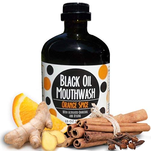 Black OIl Mouthwash, Sweet Orange Cinnamon Spice. Coconut + Sesame + Avocado Oil Super Blend, 15 oz Glass Bottle, Activated Charcoal & Xylitol for Oil Pulling. Whitening, dry mouth & remineralization