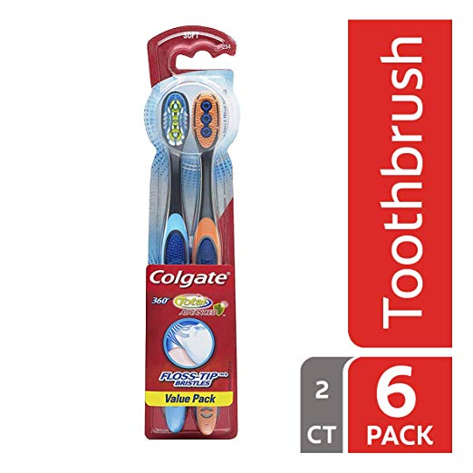 Colgate 360 Total Advanced Floss-Tip Slim Toothbrush, Soft - 2 Count (Pack of 6) (Assorted colors)