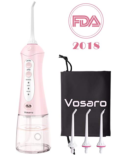 Portable Water Flosser Oral Irrigator – Vosaro Professional Dental Water Pick Teeth Cleaner With 3 Jet Tips, Cordless Flosser For Braces & Travel- Anti Leakage Design, Pink