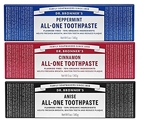 Dr. Bronner's All-One Toothpaste Variety Pack - Peppermint, Cinnamon, Anise - 5-Ounce Tube Of Each (3 Tubes Total)