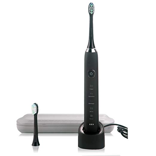 Sonic Electric Toothbrush, Sarmocare S100 Travel Power Electric Toothbrush Rechargeable Toothbrush Kit with Smart Timer Charging, 5 Optional Modes and 2 Replacement Brush Heads for Adults - Black