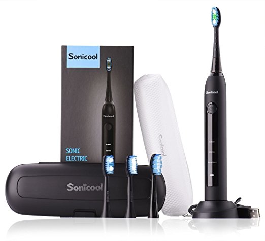 Sonicool Sonic Electric Toothbrush 48000 Vibrations Deep Clean As Dentist Rechargeable Toothbrush 2 Minutes Timer 3 Brushing Modes 4 Replacement Heads (Black Electric Toothbrush)