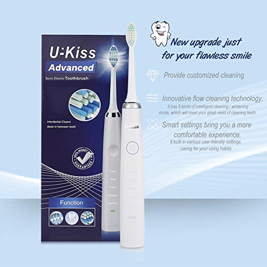 U-Kiss Sonic Electric Toothbrush Rechargeable 5 Series Brushing Modes for Gum Care Dental Health Waterproof IPX7 Built-in Timer (White)