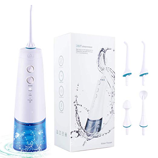 Water Flosser, Electric Cordless & Rechargeable Portable Oral Irrigator With 3 Modes & 4 Jet Tips, IPX7 Waterproof for Kids and People with Braces