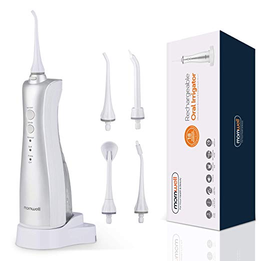 Mornwell D50WS Rechargeable Dental Water Flosser, Oral Irrigator with 3 Modes & 5 Jet Tips, Cordless Water Flosser for Teeth/Braces/Bridges-FDA Approved, Silver & White