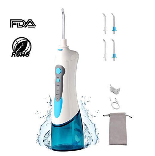 Rechargeable Dental Irrigator for kit Cordless Oral Irrigator Portable Water Flosser with 4 Jet Nozzles 3 Modes,IPX7 Waterfroof. (blue)