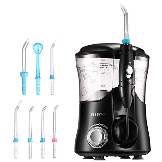 Water Flosser, ELLESYE 600ml Oral Irrigator with 7 Multifunctional Jet Tips, 3 Min Timer, Dental Water Flosser for Braces Care & Teeth Cleaning, Quiet Design Family Dental Flosser for Adults & Kid Use