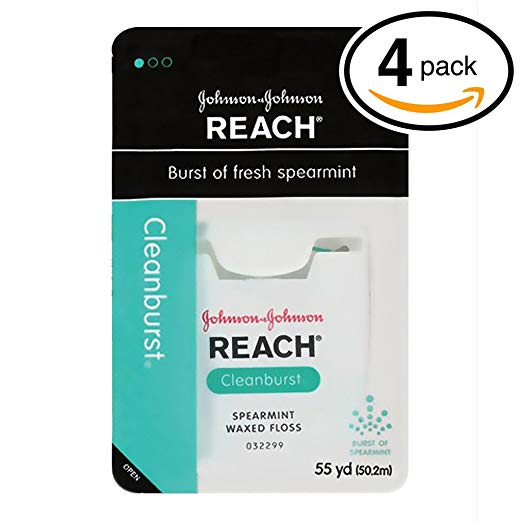 (PACK OF 4) Johnson & Johnson REACH Waxed Floss. BURST OF FRESH SPEARAMINT! Removes Up to 2x More Plaque than Glide Floss! (Pack of 4, 55 Yards Each)