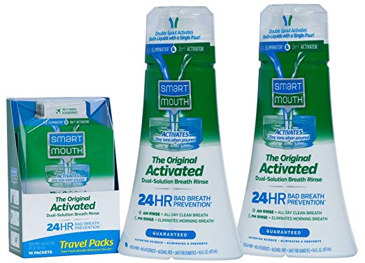 SmartMouth Original Activated 24hr Fresh Breath Rinse 2-pack and Single Travel Packs, Fresh Mint