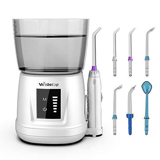 Webetop Oral Irrigator Dental Water Flosser 1000ml Capacity with Massage Function Touch Start Pressure Memeory and 6 Nozzles for Teeth Cleaning