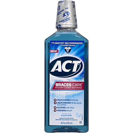 ACT Braces Care Anticavity Fluoride Mouthwash with Xylitol, Clean Mint 18 oz (Pack of 6)